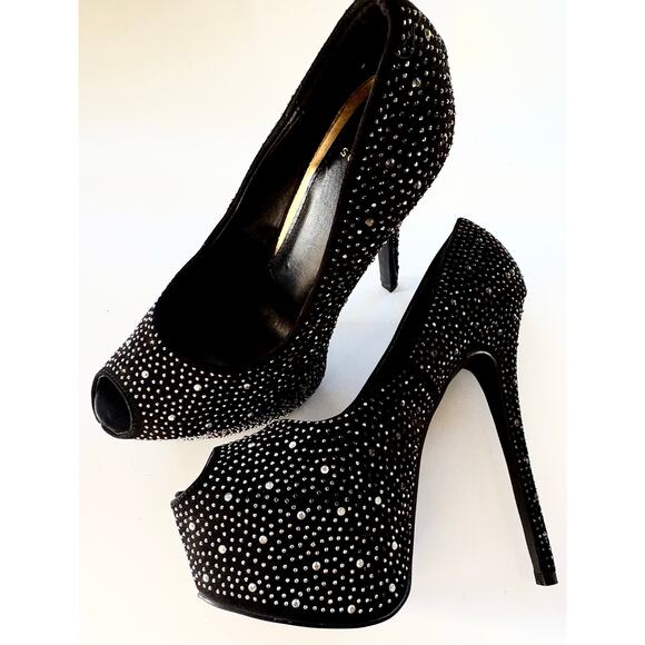 Shoe Dazzle Heels Black Studded Platform Peeptoe Rhinestone Sz 8 Stripper Sexy - Picture 4 of 9